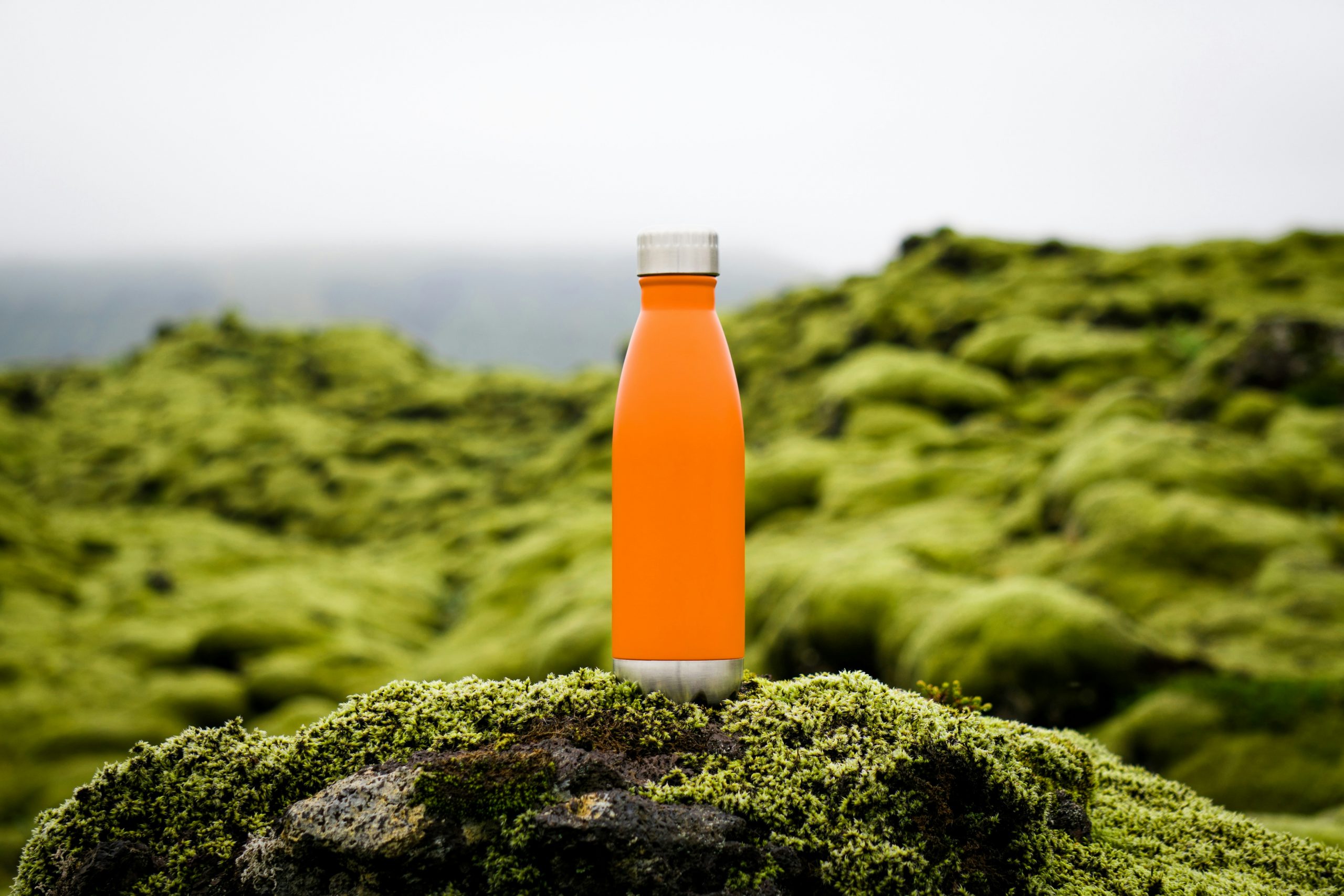 Eine Trinkflasche mit orangener Flüssigkeit vor einem grünen Hügelland