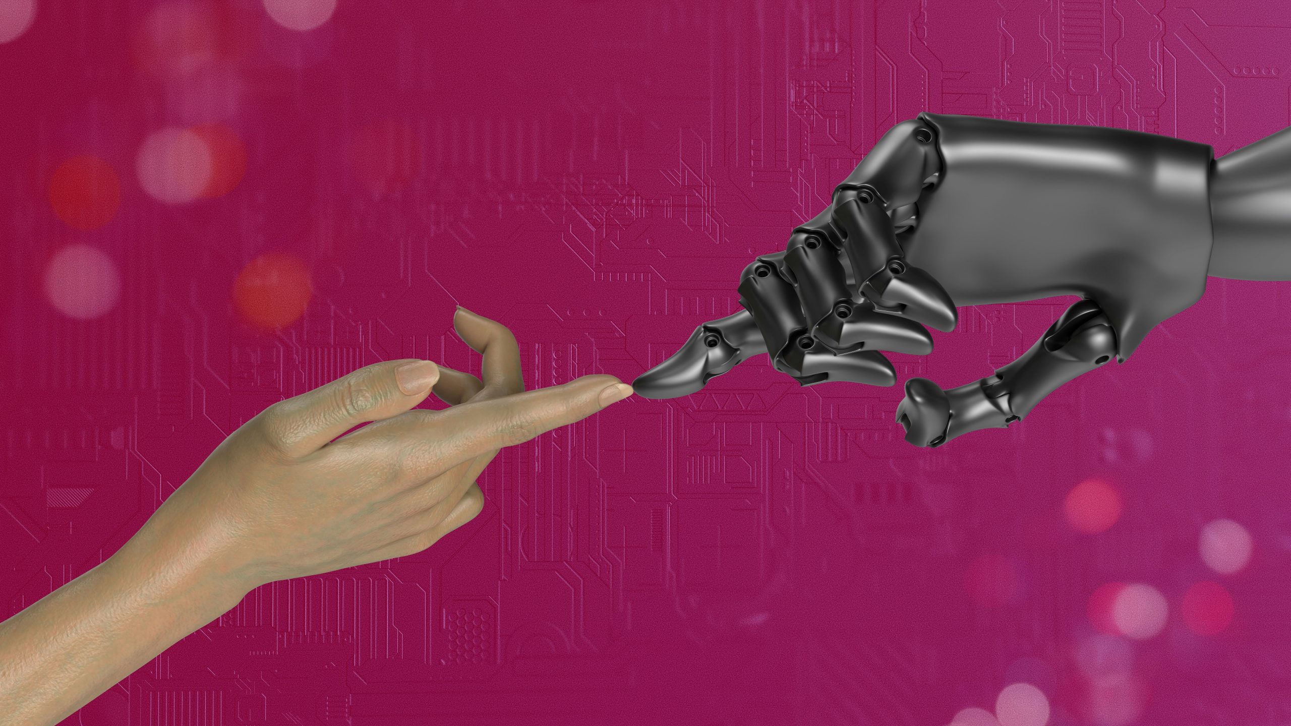 Eine menschliche und eine robotische Hand reichen sich den Zeigefinger wie in der Erschaffung Adams von Leonardo DaVinci