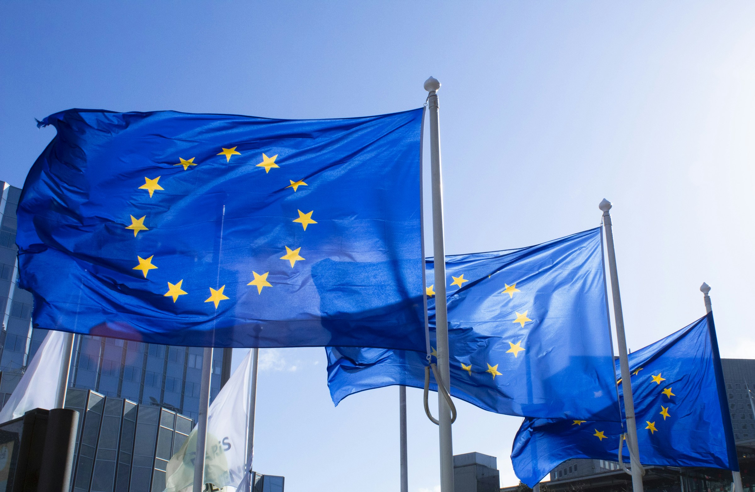 blaue-und-gelbe-flagge-der-eu-auf-der-stange
